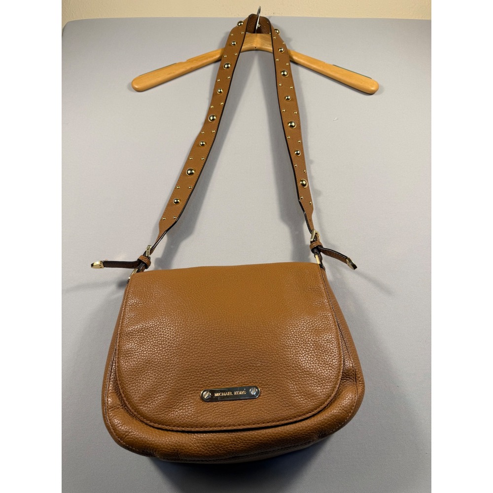 Michael Kors Brown Pebbled Leather Studded Strap Crossbody Bag Acorn Gold